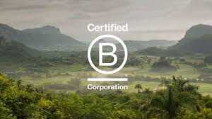 The Certified B Corporation logo overlaid on a lush green valley with mountains in the background.