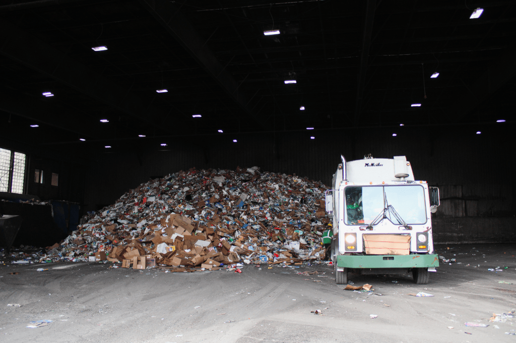 Material ready to be processed for recycling arrives at the Prince George's County Materials Recycling Facility